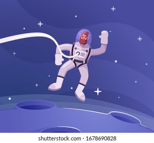 Astronaut character exploring outer space. Futuristic cosmonaut in spacesuit walking and flying. Cartoon vector illustration. Stars and planets in background