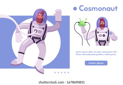 Astronaut character exploring outer space. Futuristic cosmonaut in spacesuit walking and flying. Cartoon vector illustration. Stars and planets in background