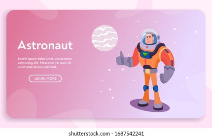 Astronaut character exploring outer space. Futuristic cosmonaut in spacesuit walking and flying. Cartoon vector illustration. Stars and planets in background