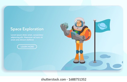 Astronaut character exploring outer space. Futuristic cosmonaut in spacesuit walking and flying. Cartoon vector illustration. Stars and planets in background