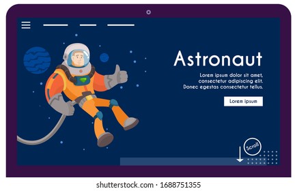 Astronaut character exploring outer space. Futuristic cosmonaut in spacesuit walking and flying. Cartoon vector illustration. Stars and planets in background