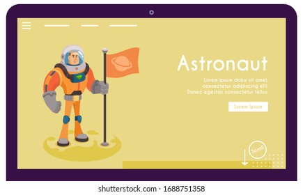 Astronaut character exploring outer space. Futuristic cosmonaut in spacesuit walking and flying. Cartoon vector illustration. Stars and planets in background