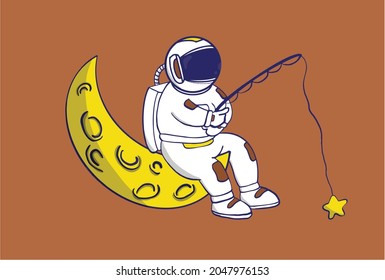 astronaut character fishing for stars above the moon premium vector