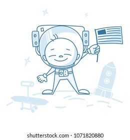 Astronaut character with flag. Vector illustration.