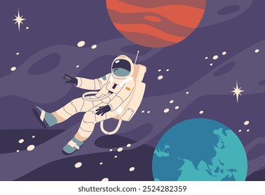 Personagem Astronauta Flutuando Pela Vasteza Do Espaço Cercado Por Planetas E Estrelas Coloridos, Ilustração Vetorial