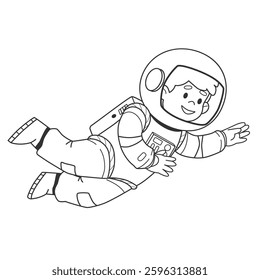 Astronaut character in a helmet in outer space. Spaceman coloring page to print. Educational coloring book for kids. Black outline, vector illustration