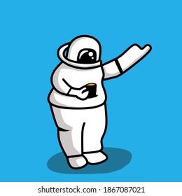 astronaut character holding a cup of coffee in his hand, vector art illustration design