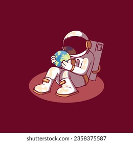 Astronaut Character holding planet Earth vector illustration. Ecology, nature, mascot design concept.