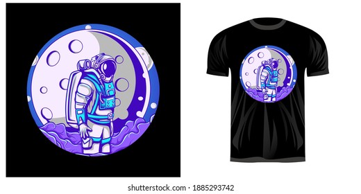 
astronaut character illustration design and moon view with neon coloring style