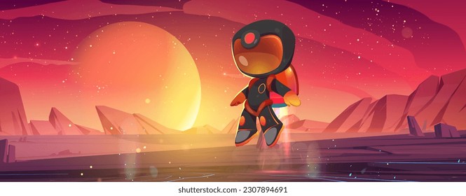 Astronaut character landing on alien planet surface. Vector cartoon illustration of child in spacesuit and helmet arriving to explore rocky landscape with stones and neon cracks, many stars on sky
