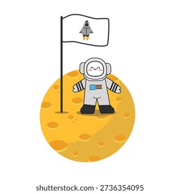 Astronaut Character on Moon Surface with Flag Illustration