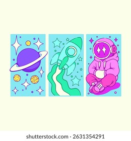 Astronaut Character, Planet, and Space Plane Illustration for Streetwear T-shirt and Poster Art Design