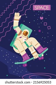 Astronaut character rides skateboard, vector flat illustration on cosmos background. A cute astronaut in a suit travels in space. Astronaut explores planets, galaxies, universe, stars, space