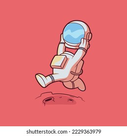 Astronaut character running holding a helmet vector illustration. Space, mascot, funny design concept.
