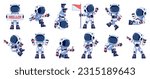 Astronaut character set. Cartoon space explorers in different poses, cosmic spacemen in suits and helmets, astronaut characters in spacesuits. Vector set. Human in different positions