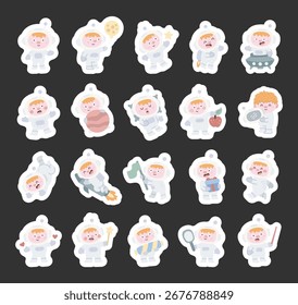 Personagem astronauta definido em estilo escandinavo mostrando diferentes emoções e poses com atividades incluindo celebração de aniversário, dormir, voar, namorados, ensinar, explorar o espaço