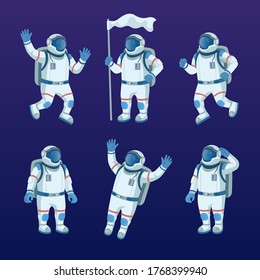 Astronaut character in space flat icon set. Cartoon spaceman or cosmonaut exploring galaxy, holding flag vector illustration collection. Adventure and universe concept