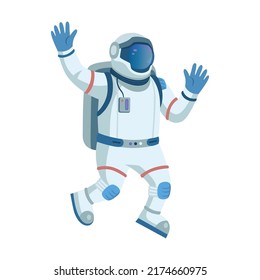 Astronaut character in space flat icon. Cartoon spaceman or cosmonaut exploring galaxy, holding flag vector illustration. Adventure and universe