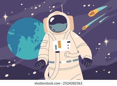 Personaje De Astronauta En Un Traje Espacial Explorando La Vastedad Del Espacio Exterior Con El Planeta Tierra En El Fondo Y Los Meteoros