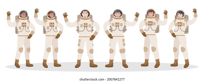 Astronaut character in spacesuit and helmet waving hand set. Cartoon male cosmonaut exploring galaxy showing greeting gesture standing in row vector illustration isolated on white background