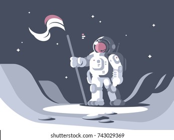 Astronaut character in spacesuit on surface of moon with flag. Vector illustration