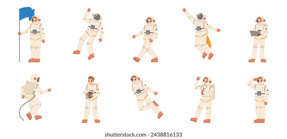 Personajes de astronautas. Astronautas diferentes poses, cosmonautas de dibujos animados trabajando. Exploración del espacio y del universo, hombres del espacio en trajes ajustados vector conjunto