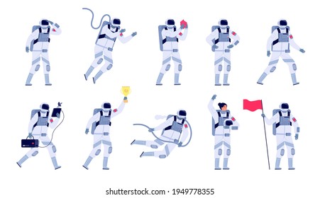 Astronautenfiguren. Kosmonautenarbeit, Astronauten mit Helm und Fahne. Weltraumanzug, isolierter Raumfahrer, der auf Planeten fliegt,