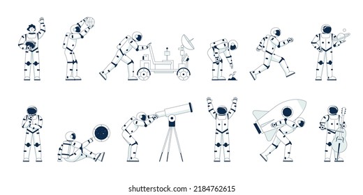 Astronaut characters. Lunar hero, astronauts with satellite and shuttle. Cartoon spaceman adventure, moving cosmonaut and rocket, recent vector set