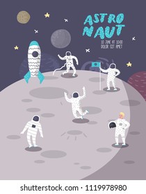 Astronaut Characters Poster, Banner with Stars and Rocket. Cosmonaut in Space and Spaceship. Vector illustration