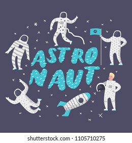 Astronaut Characters Set with Stars and Rocket. Cosmonaut in Space and Spaceship. Vector illustration