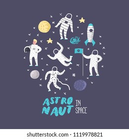 Astronaut Characters Set with Stars and Rocket. Cosmonaut in Space and Spaceship. Vector illustration