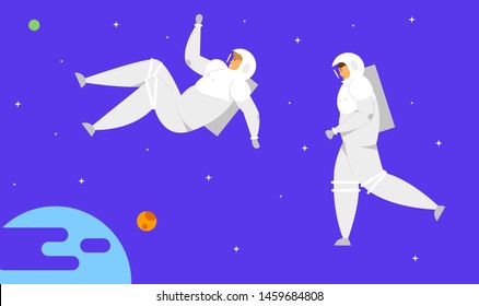 Astronaut Characters in Space Suits Flying in Outer Space with Stars and Earth or Extraterrestrial Planet Background, Cosmonauts in Charge of Maintenance, Exploration, Cartoon Flat Vector Illustration