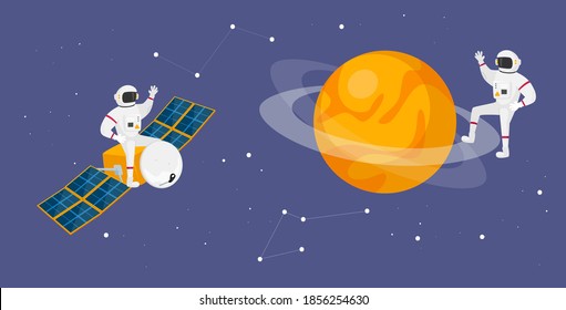 Astronaut Characters in Space Suits Flying in Outer Space with Satellite, Stars and Extraterrestrial Planet, Cosmonauts Universe Exploration, Cosmic Research. Cartoon People Vector Illustration