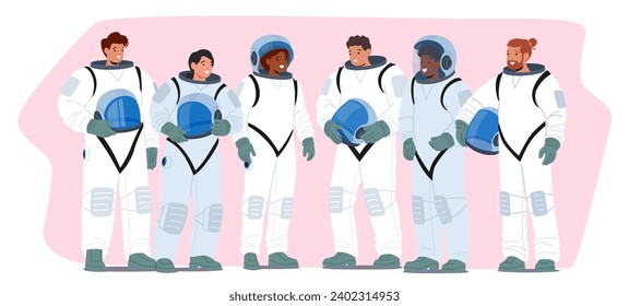 Astronaut Characters Stand In A Disciplined Row, Space Helmets Gleaming, Their Suits Echo With The Spirit Of Exploration As They Prepare For Interstellar Adventures. Cartoon People Vector Illustration