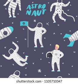 Astronaut Characters with Stars and Rocket Seamless Pattern. Cosmonaut in Space and Spaceship Background. Vector illustration