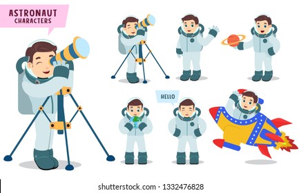 Astronaut characters vector set Spaceman kid holding telescope and preparing for outer space exploration isolated in white background. Vector illustration.
