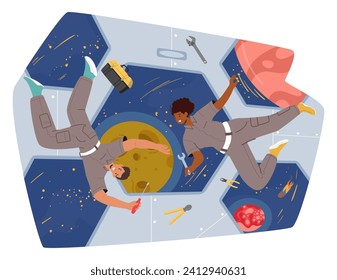 Astronaut Characters, Wielding Repair Tools, Floating In Zero Gravity Within The Spaceship. Outside, The Vast Beauty Of Outer Space Unfolds Through The Window. Cartoon People Vector Illustration