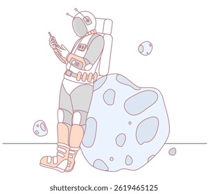 An astronaut checks a hightech device while leaning against an asteroid in space, enjoying the sights