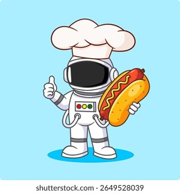 Astronaut Chef with Hot Dog Vector Illustration Cartoon Design