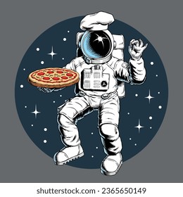 Astronautenkoch mit Pizza einzeln auf Raumhintergrund. Pizzalieferant oder Pizzaiolo in Spacesuit, Konzept für italienisches Restaurant. Comische Vektorgrafik.