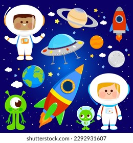 Astronaut children and aliens in space. Girls and boys in astronaut suits, space ships and UFO. Vector illustration set