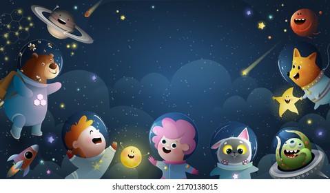 Astronaut children and animals fantasy with planets stars rocket and sun. Cute characters in space, astronomy template for poster or flyer. Vector isolated illustration for kids.