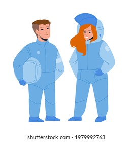 Astronaut Children Couple In Space Suit Vector. Characters Teenagers Profession Dreaming For Adventure And Discover Flat Cartoon Illustration