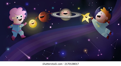 Astronaut children with planets stars and sun. Cute characters in space, astronomy science template for poster or flyer. Vector illustration for kids.