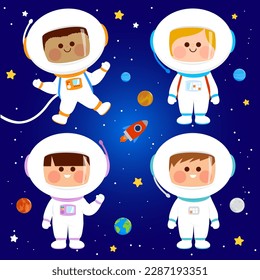 Astronaut children in space. Girls and boys in astronaut costumes. Vector illustration.