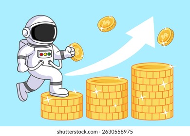 Astronaut climbing golden coin steps towards financial growth Vector Illustration Cartoon Design