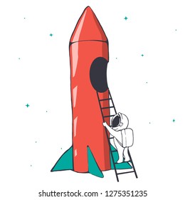 astronaut climbs the ladder into the rocket for space travel.Prints design.Vector illustration