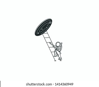 Astronaut climbs the ladder into wormhole, Flat Line Art Vector Design illustration.