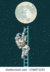 Astronaut climbs the stairs to the moon. Pop art retro vector illustration kitsch vintage 50s 60s style