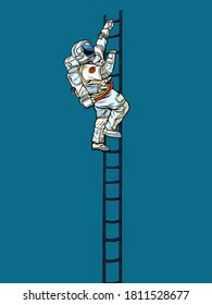 Astronaut climbs the stairs. Pop art retro vector illustration kitsch vintage 50s 60s style